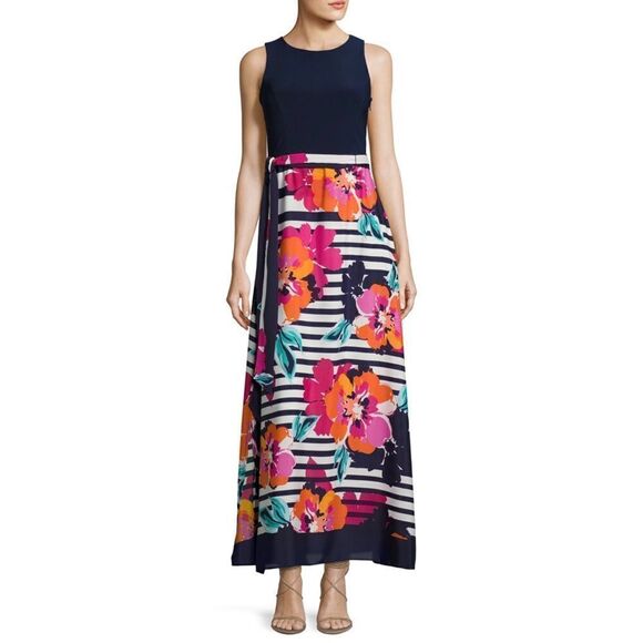 Eliza J Dresses & Skirts - Eliza J Navy, Orange & Pink Floral & Striped Sleeveless Long Maxi Dress 4 NWT